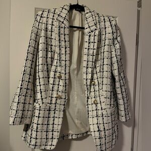 Express Black and White Plaid Tweed Blazer